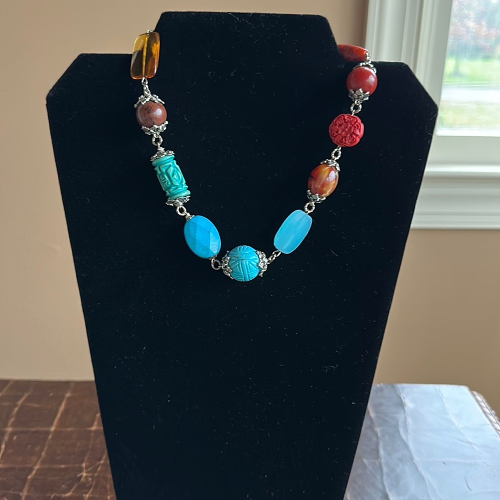Handmade Necklace with Large Beads Silver Blues, Reds, Browns Toggle Closure